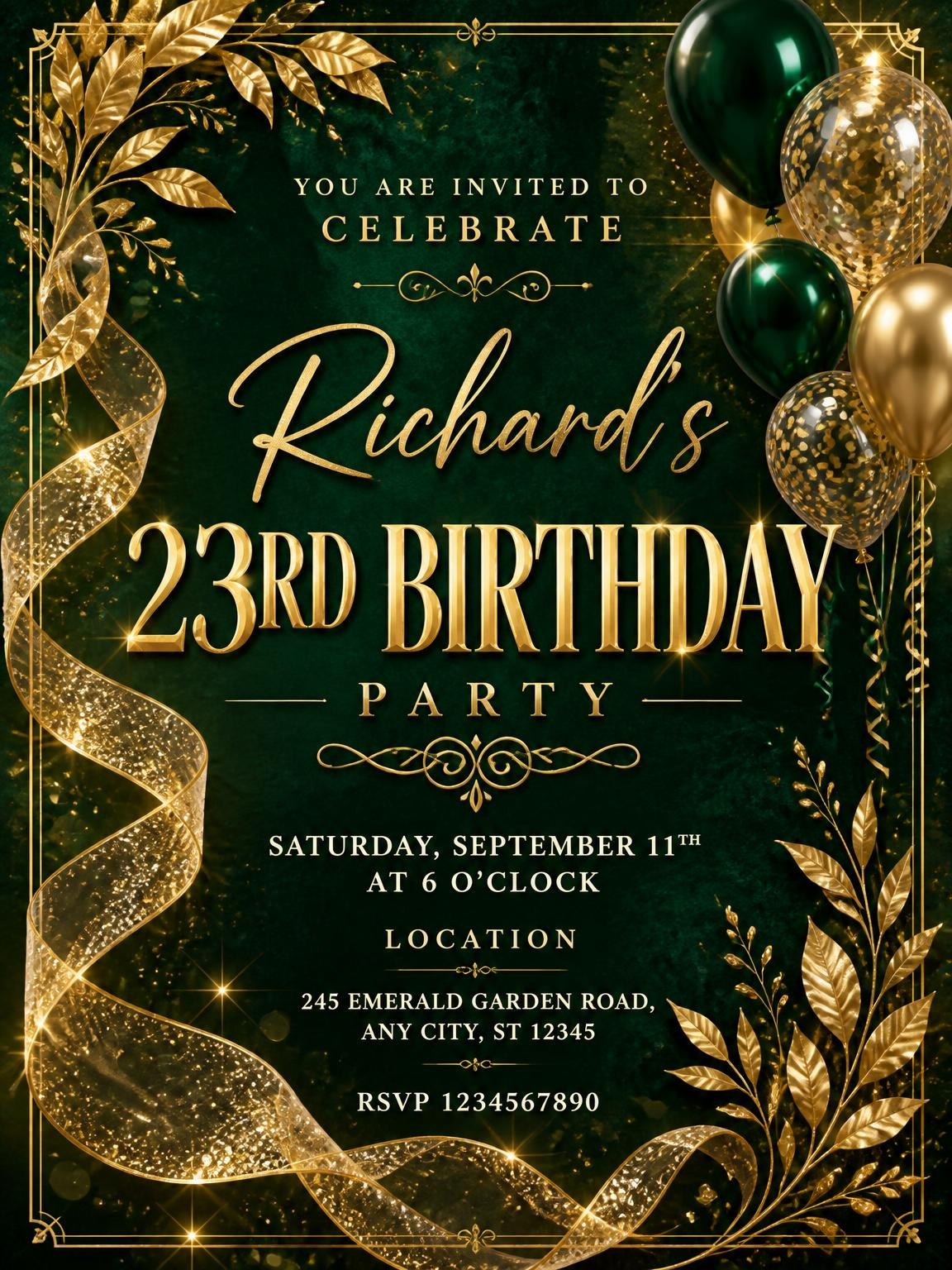 Emerald and Champagne 23rd Birthday Invitation