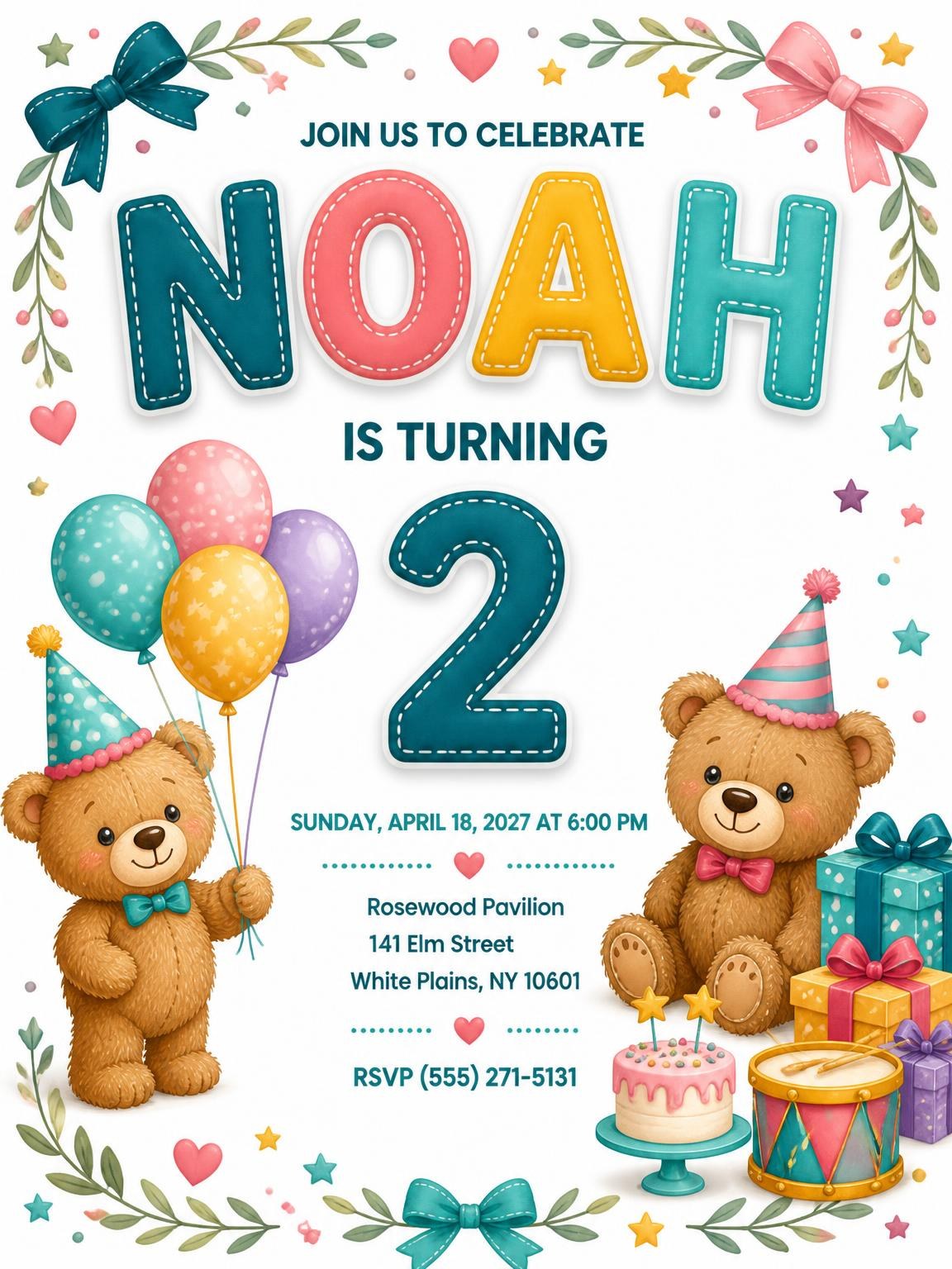 Stitched Teddy Bear 2nd Birthday Invitation