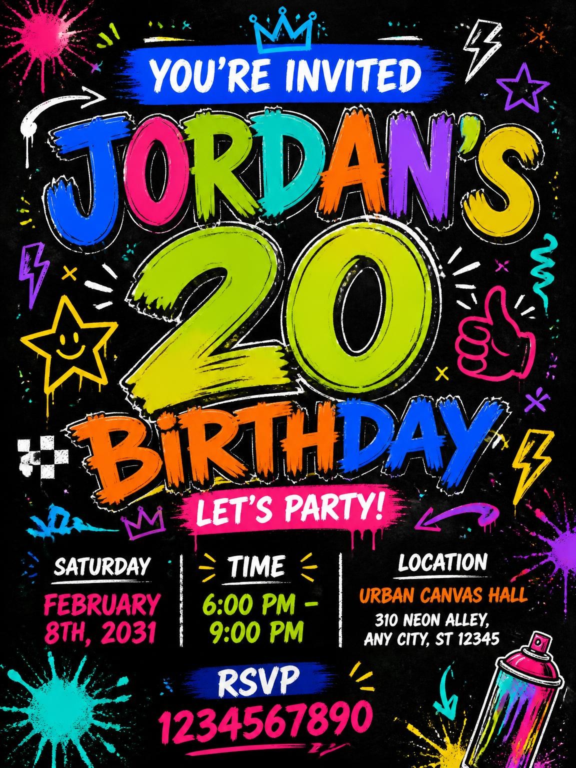 Graffiti Street Art 20th Birthday Invitation