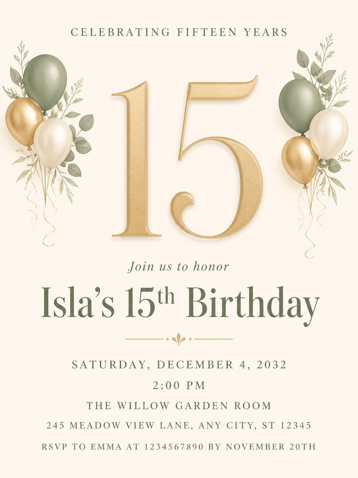 Sage and Ivory 15th Birthday Invitation