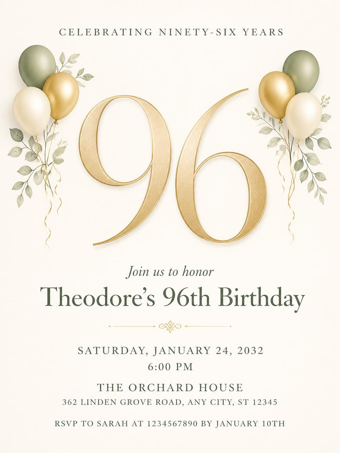 Sage and Ivory 96th Birthday Invitation