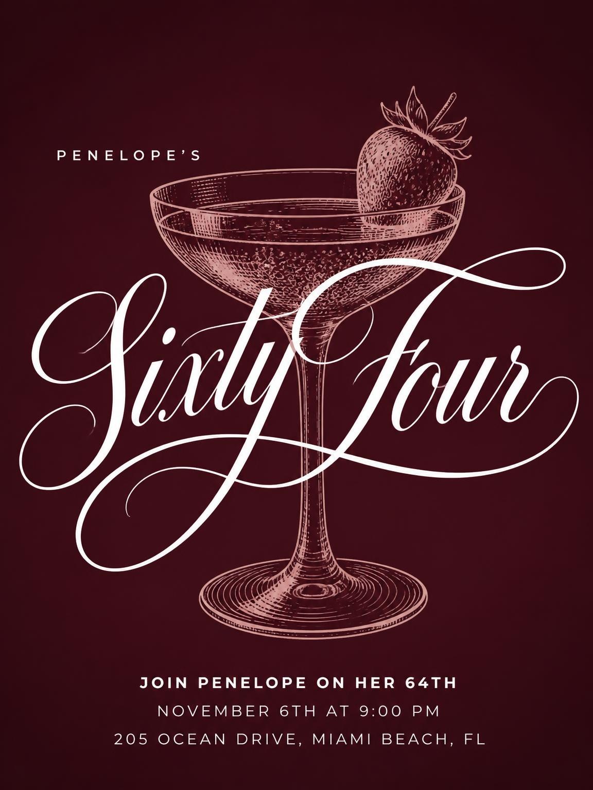 Burgundy Cocktail 64th Birthday Invitation