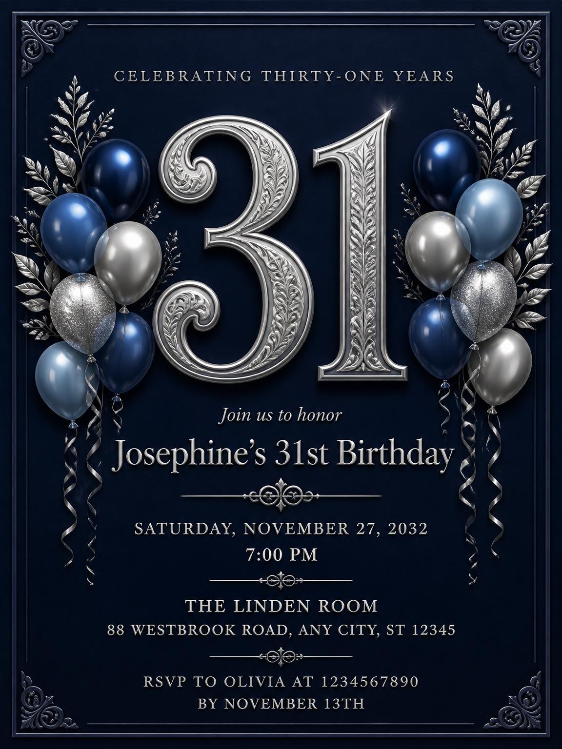 Navy and Silver 31st Birthday Invitation