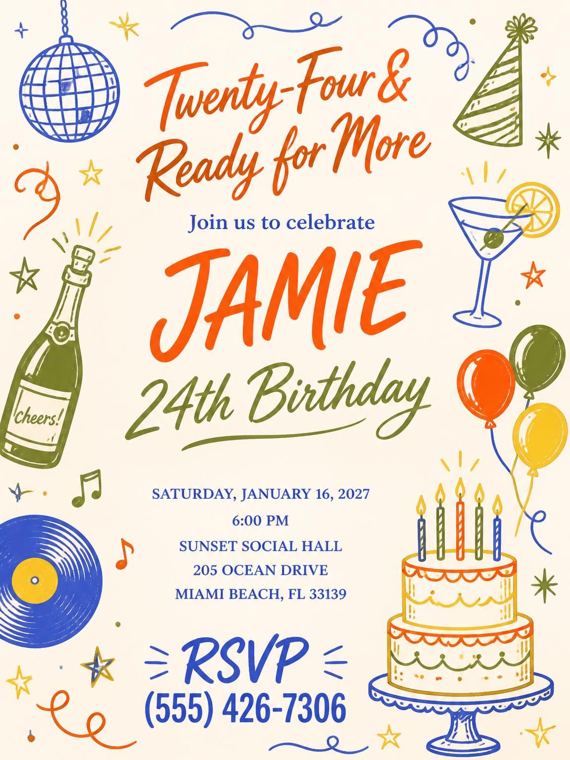 Retro Doodle 24th Birthday Invitation