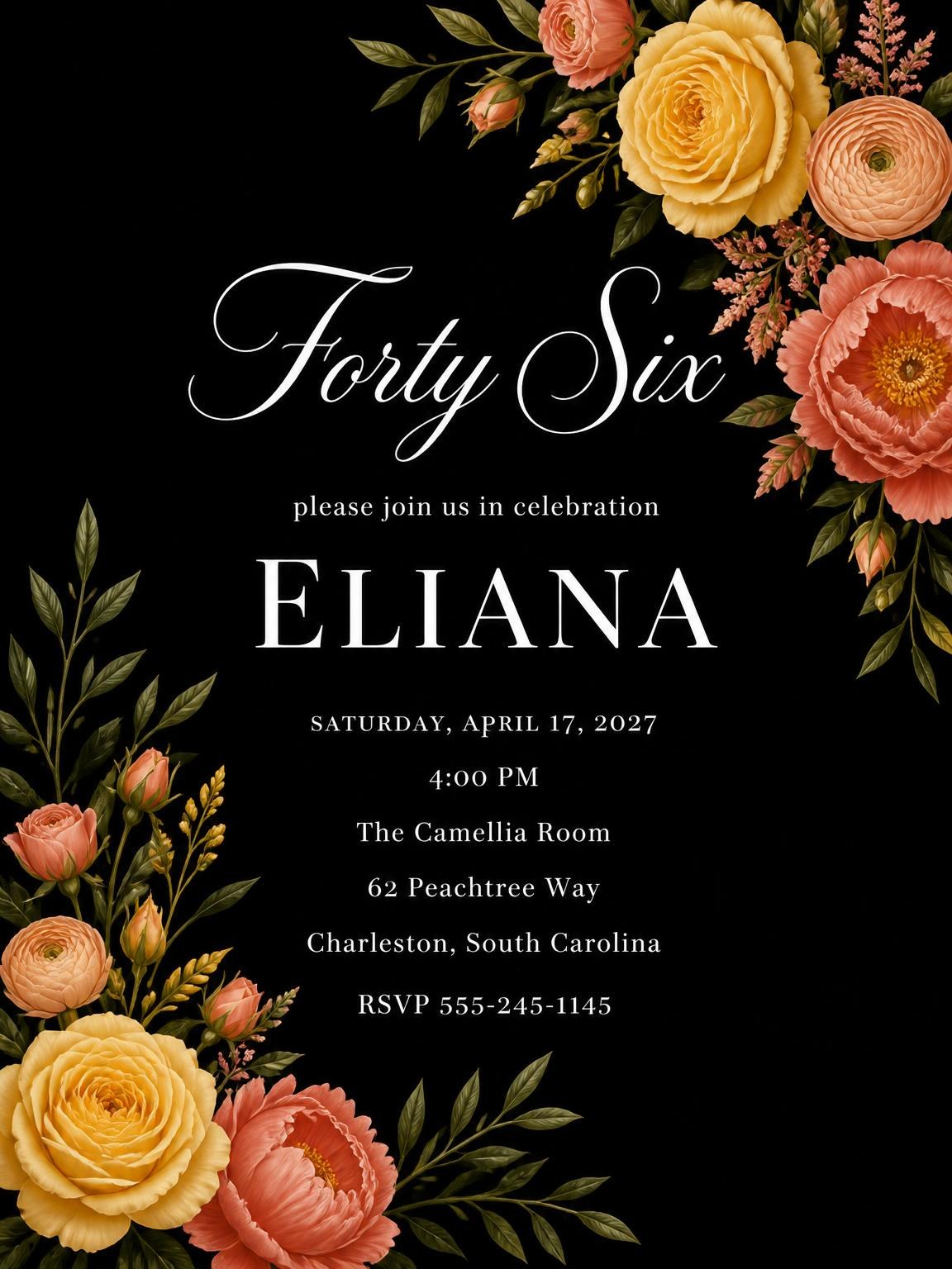 Black Floral 46th Birthday Invitation