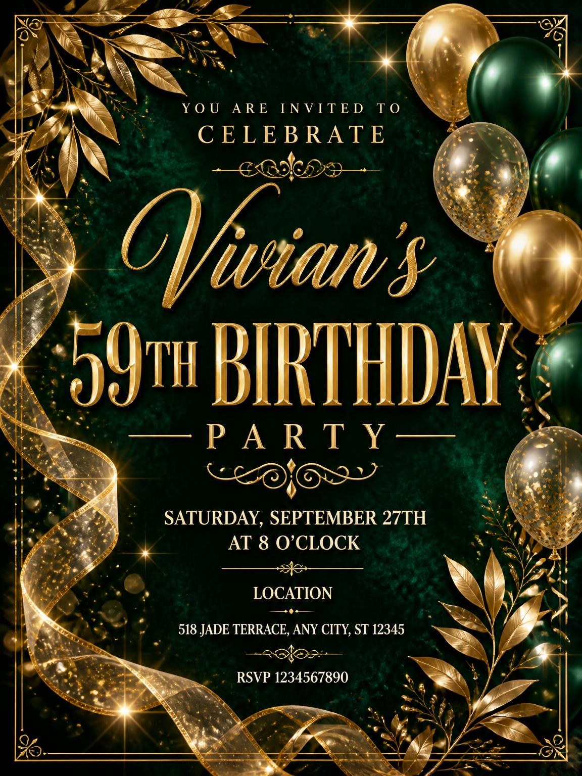 Emerald and Champagne 59th Birthday Invitation
