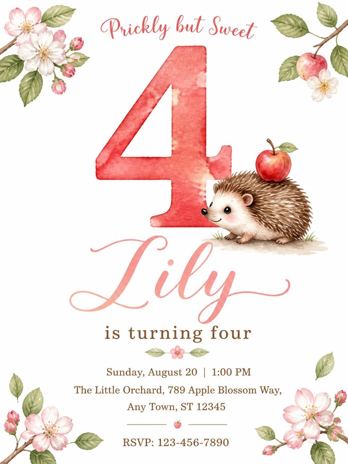 Watercolor Hedgehog Apple 4th Birthday Invitation