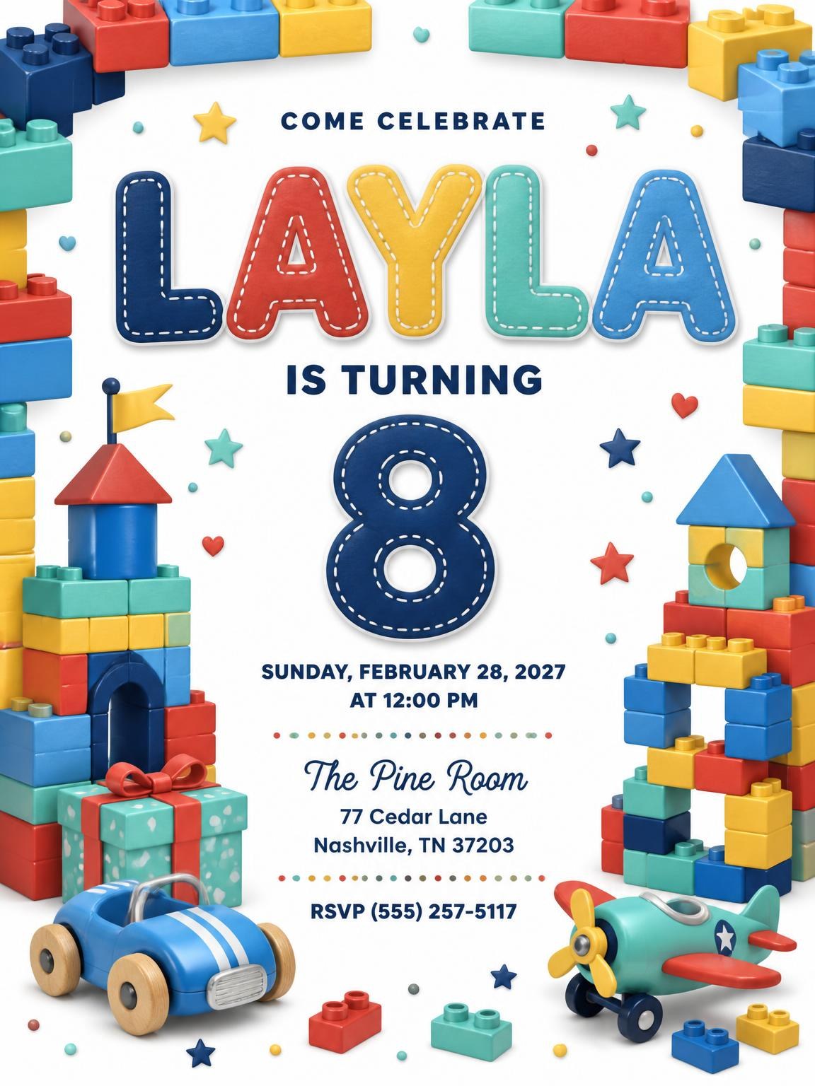 Stitched Toy Blocks 8th Birthday Invitation