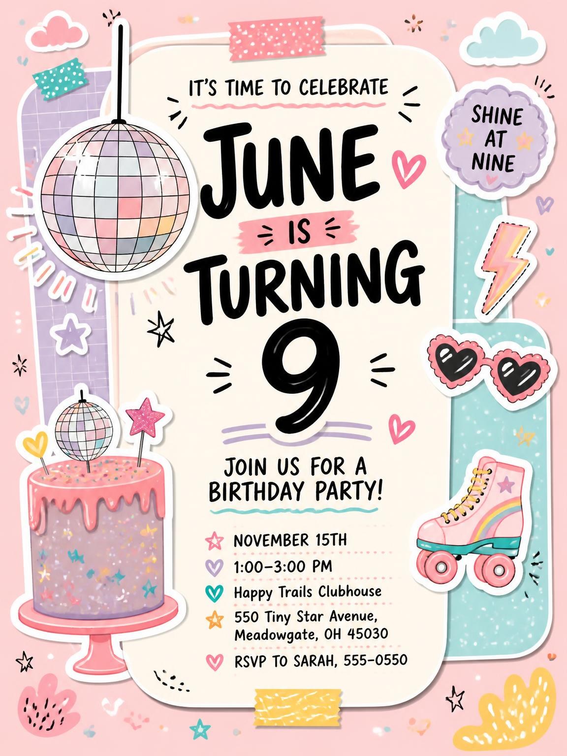 Disco Ball Pastel 9th Birthday Invitation