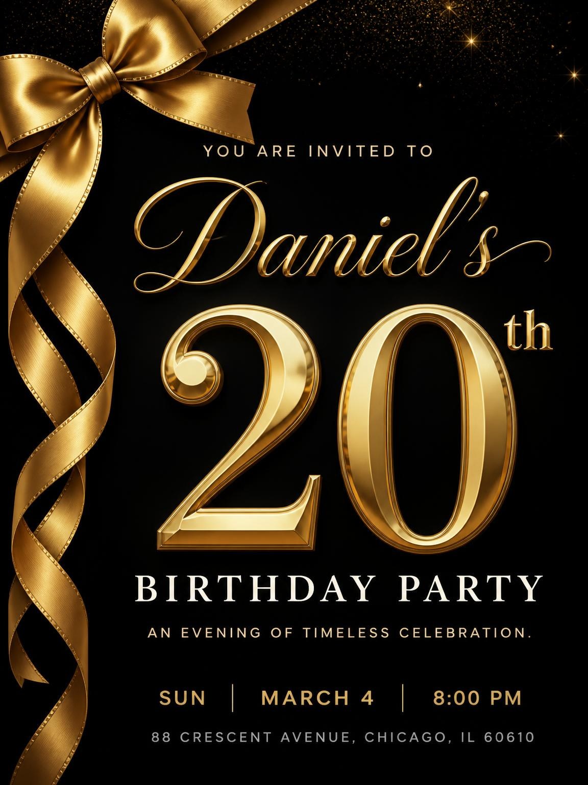 Black and Gold Ribbon 20th Birthday