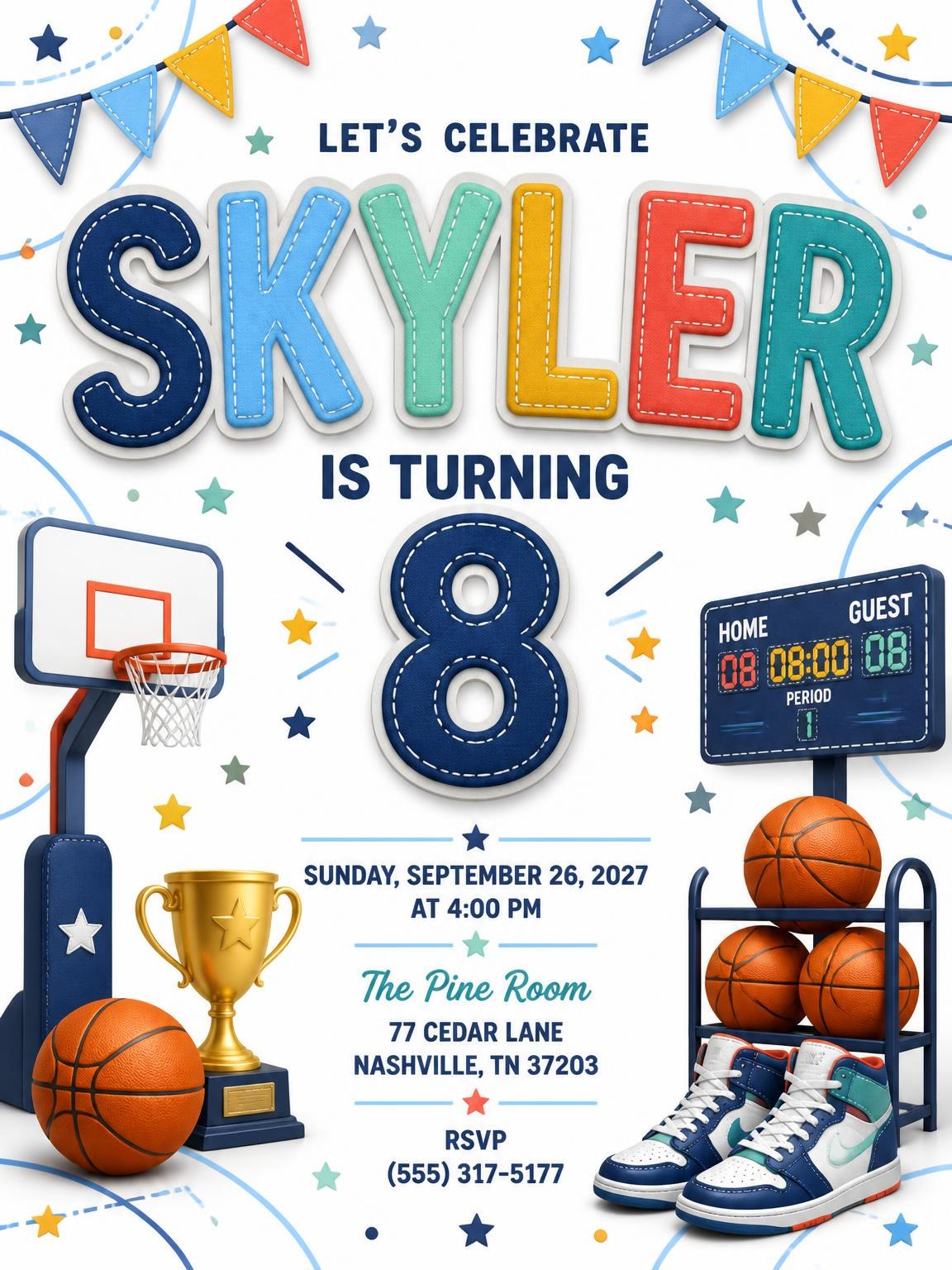 Stitched Basketball 8th Birthday Invitation