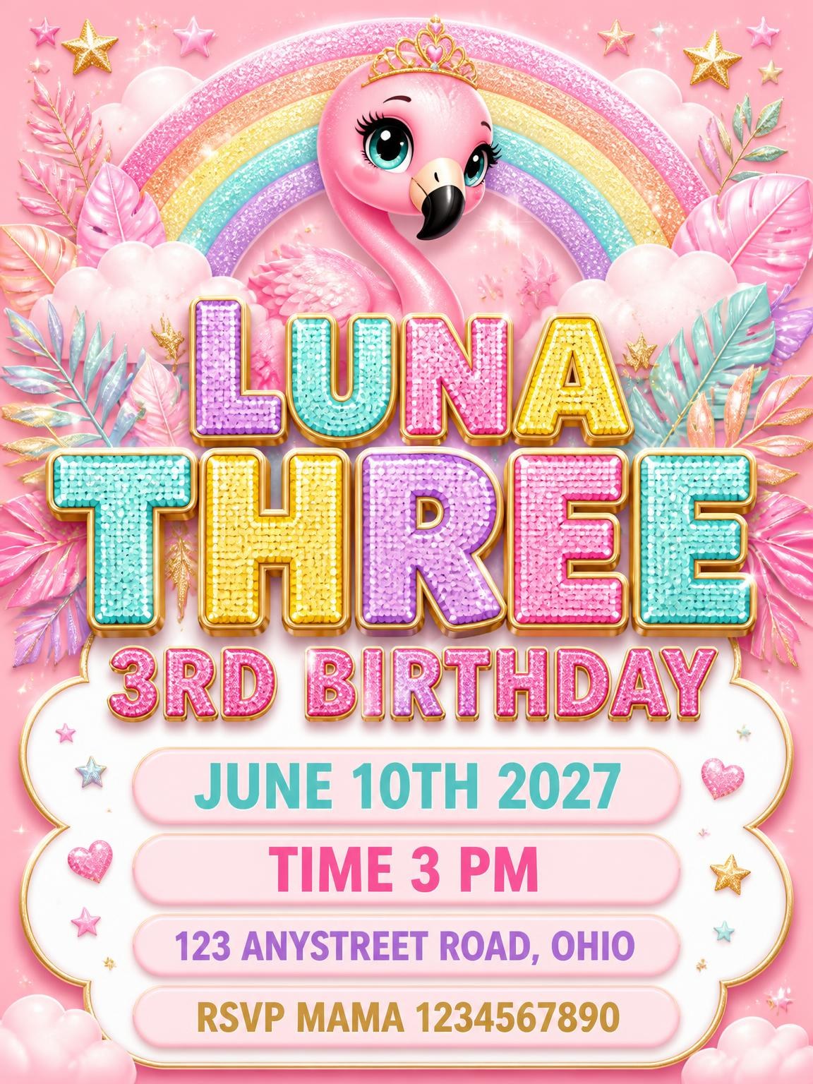 Glitter Flamingo 3rd Birthday Invitation