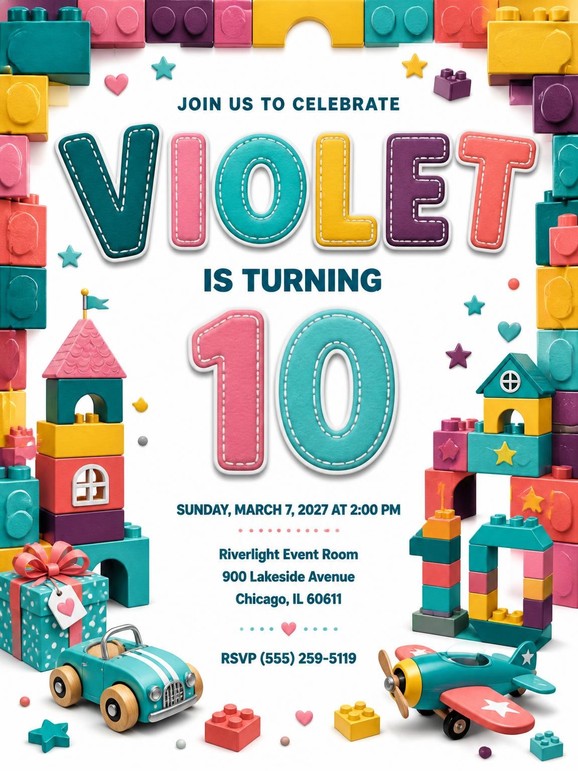 Stitched Toy Blocks 10th Birthday Invitation