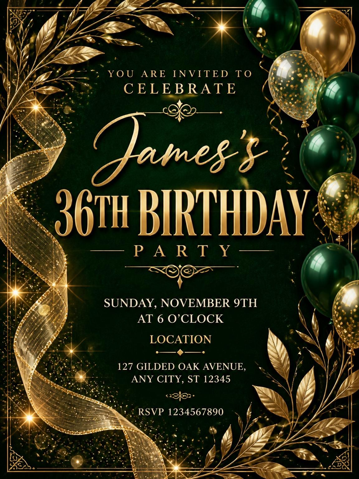 Emerald and Champagne 36th Birthday Invitation