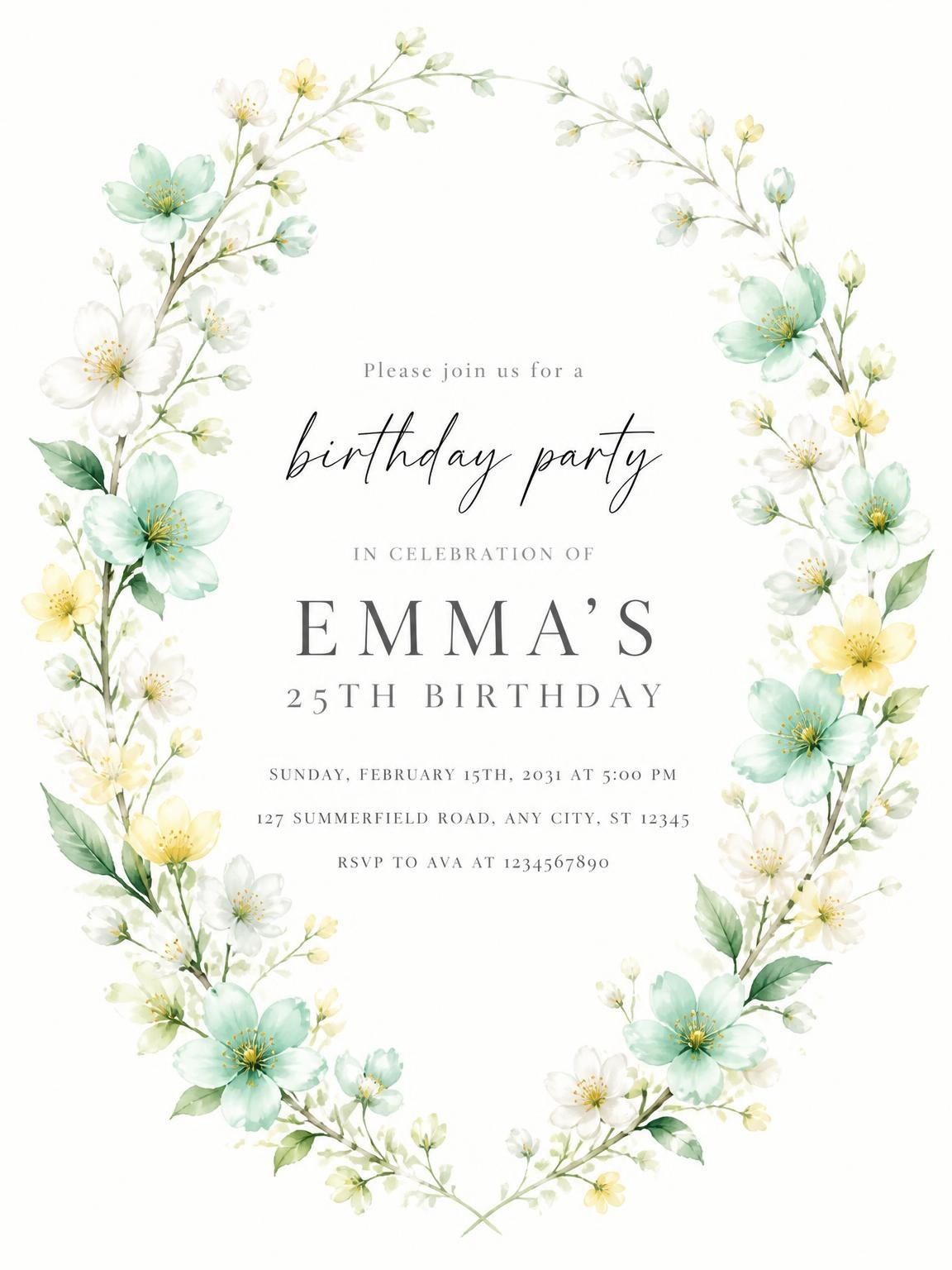 Spring Floral Mint 25th Birthday Invitation