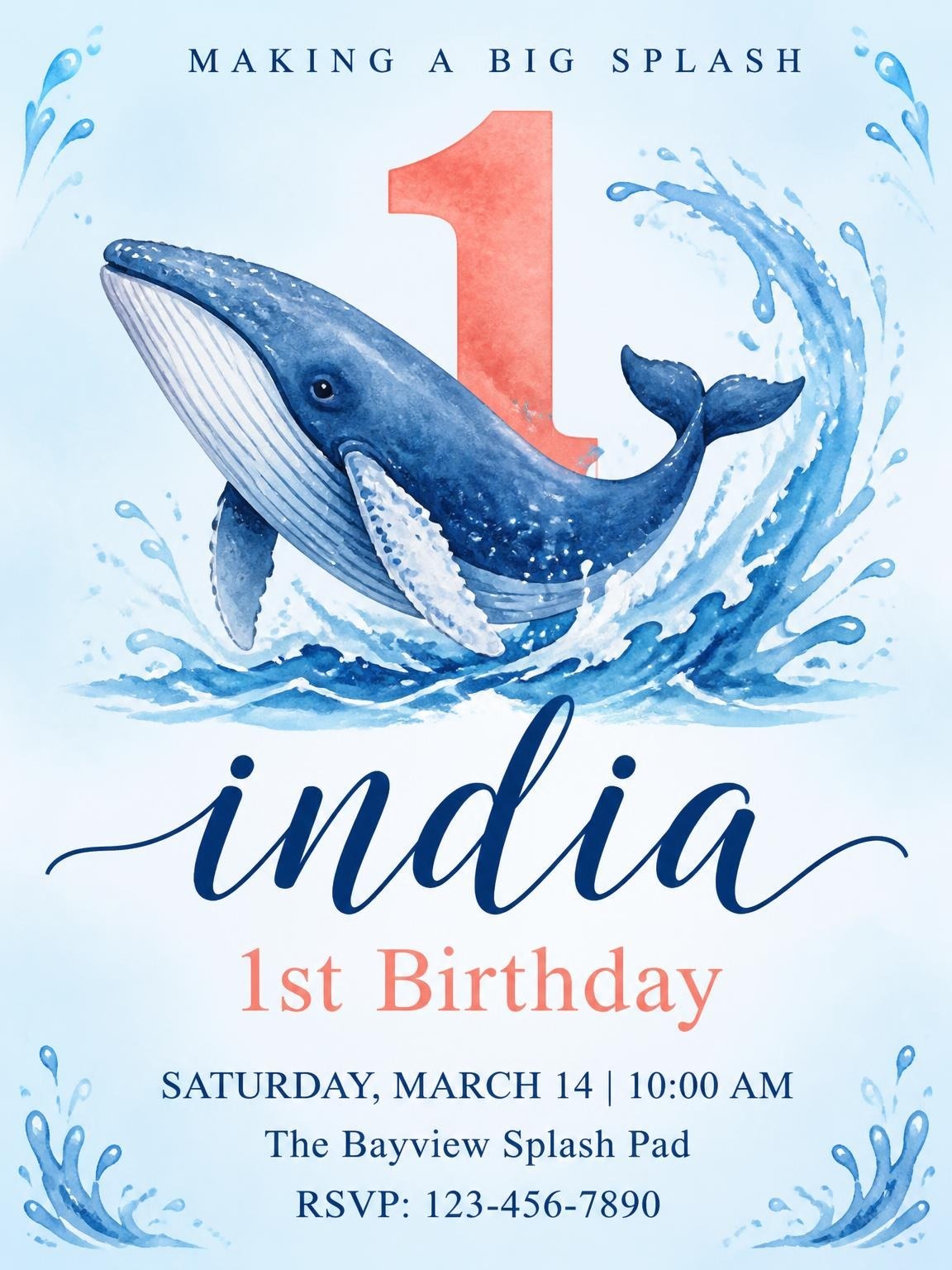 Watercolor Whale 1st Birthday Invitation