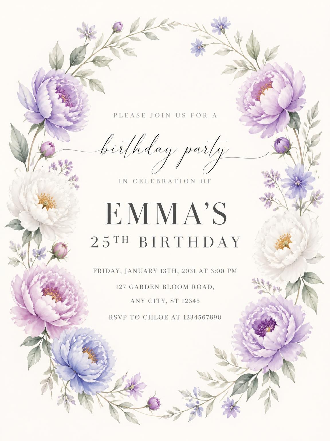 Botanical Garden Lavender 25th Birthday Invitation