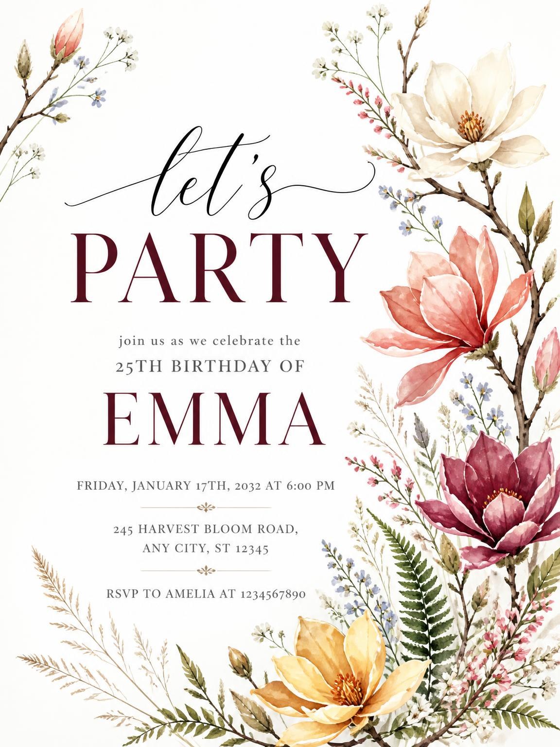 Magnolia Branch Golden 25th Birthday Invitation