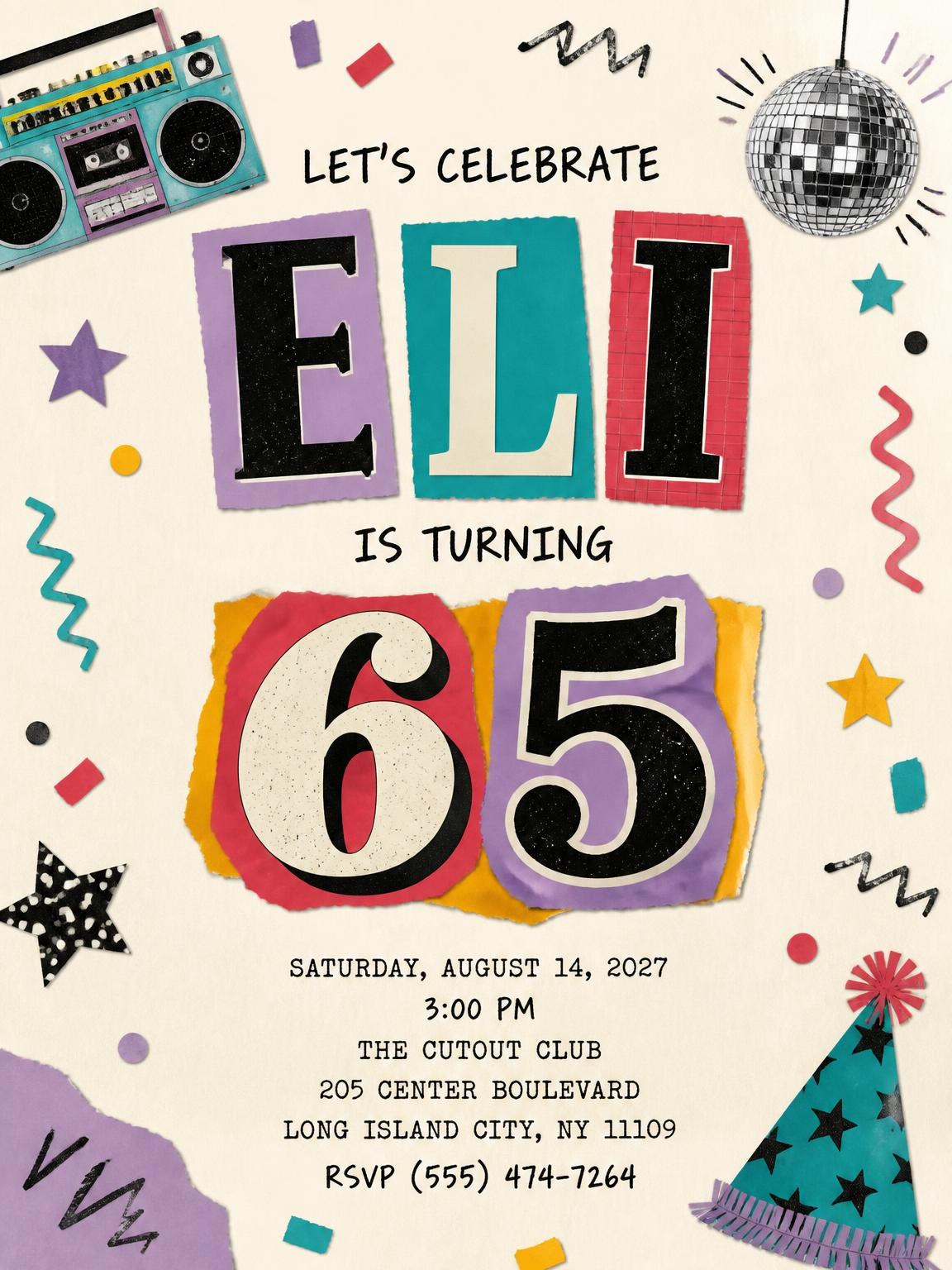 Retro Paper Collage 65th Birthday Invitation