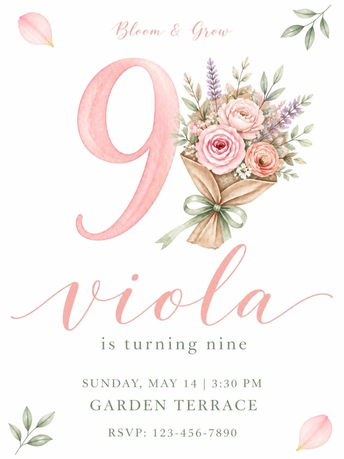 Pink Watercolor Floral Ninth Birthday