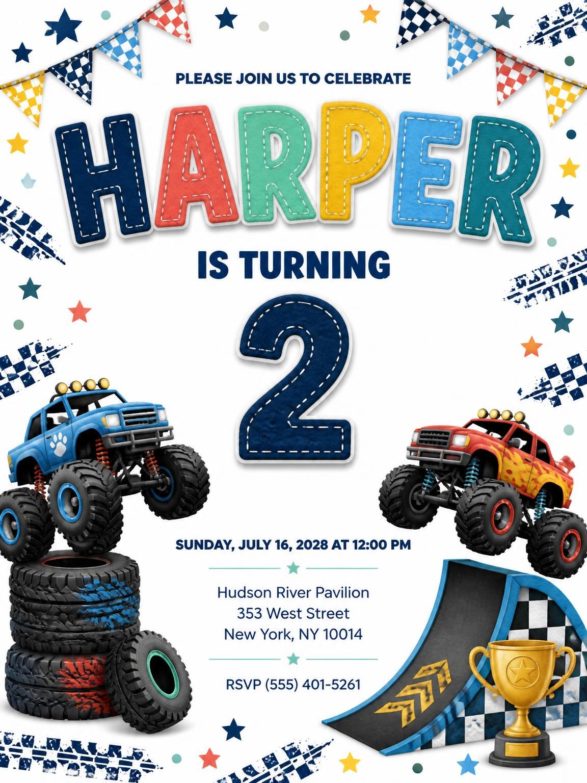 Stitched Monster Truck 2nd Birthday Invitation