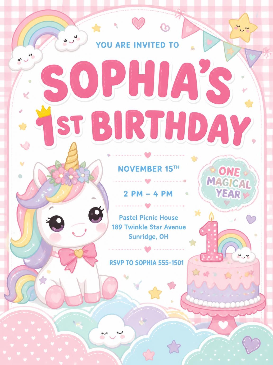 Kawaii Rainbow Unicorn 1st Birthday Invitation