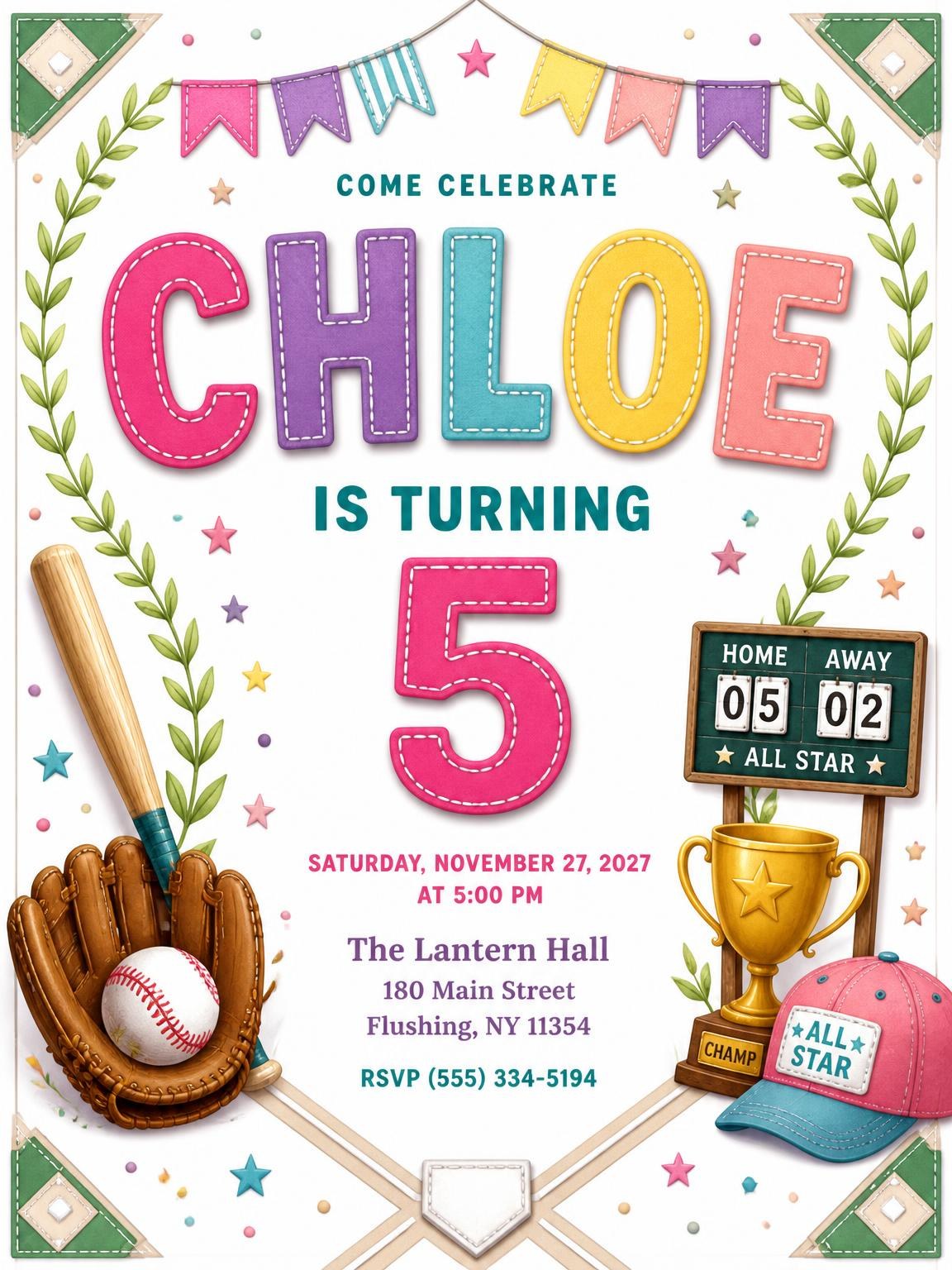 Stitched Baseball 5th Birthday Invitation