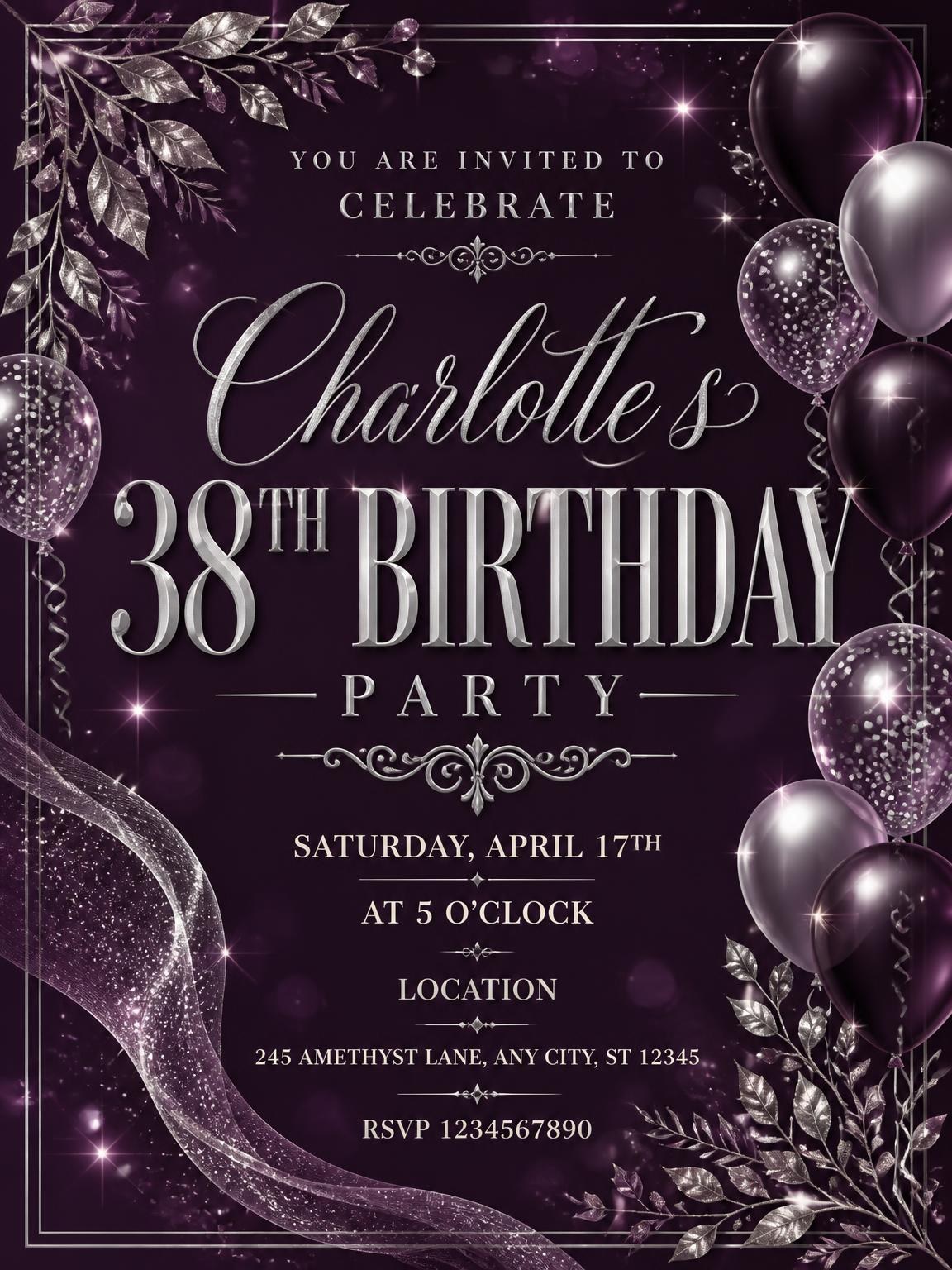 Plum and Silver 38th Birthday Invitation