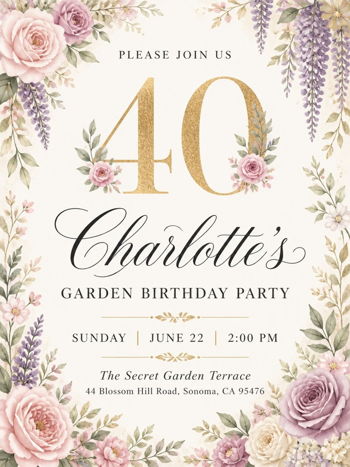Gold Foil Floral 40th Birthday