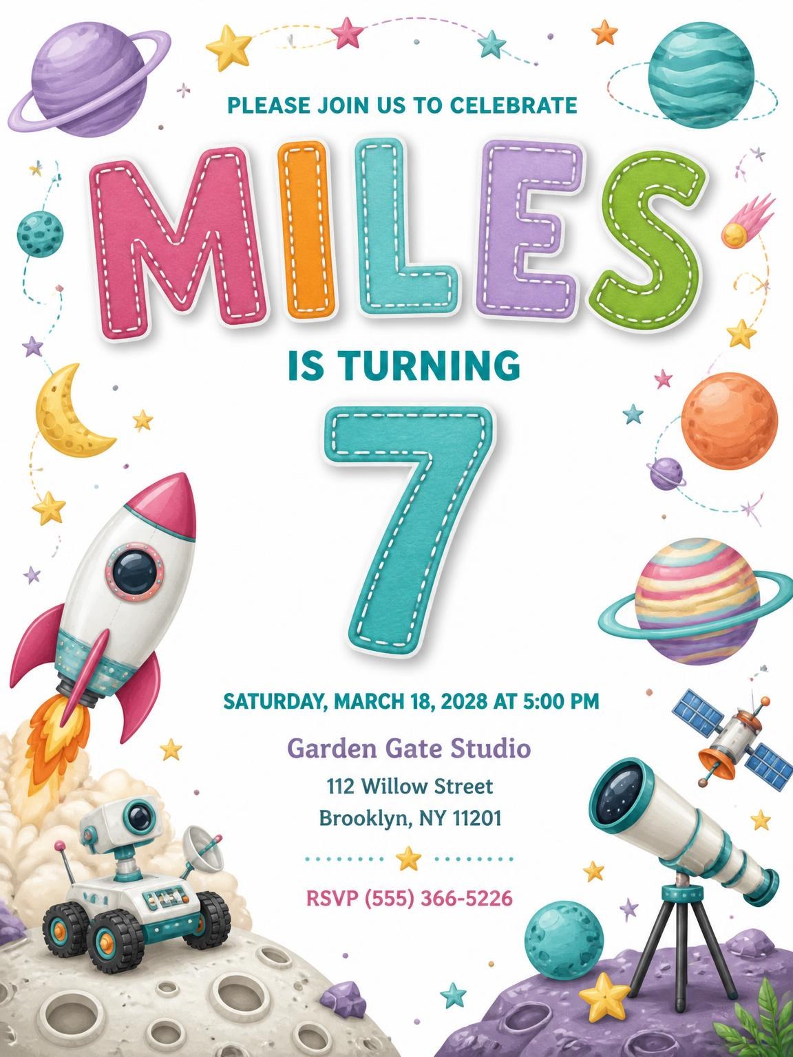 Stitched Space 7th Birthday Invitation