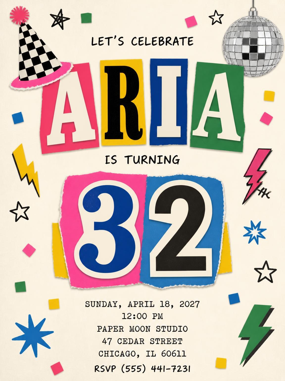Retro Paper Collage 32nd Birthday Invitation