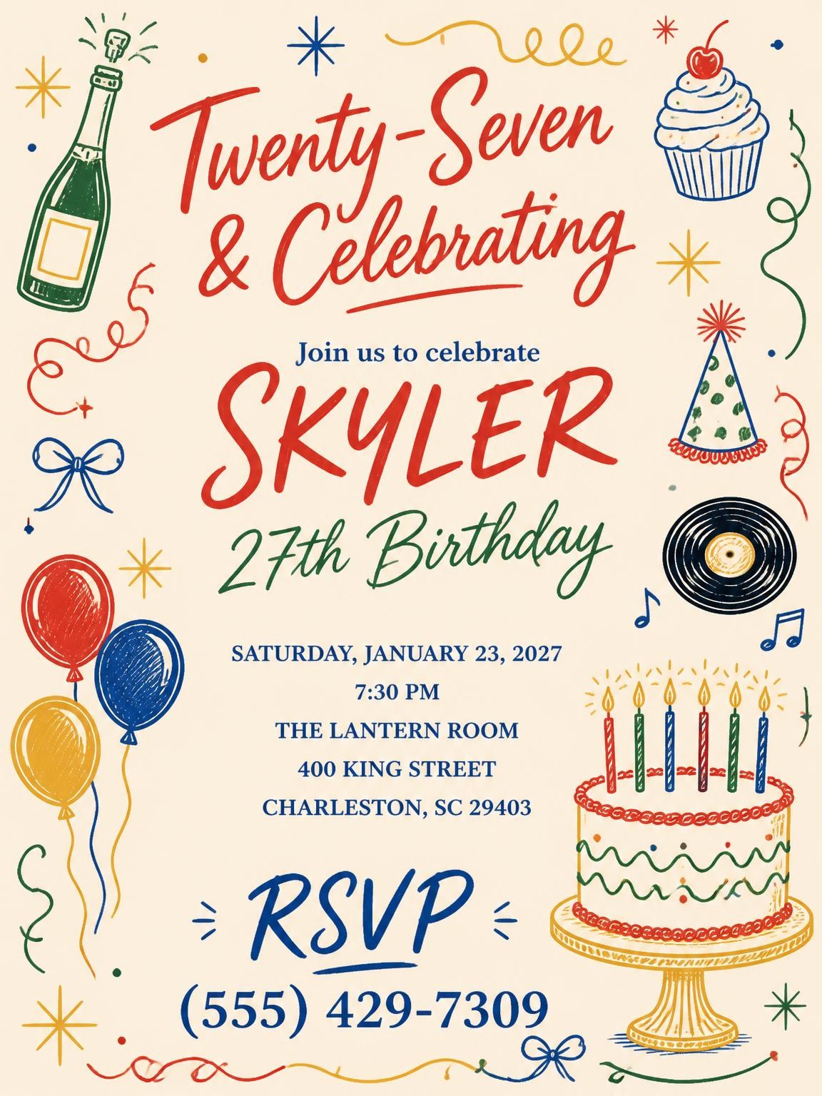 Retro Doodle 27th Birthday Invitation