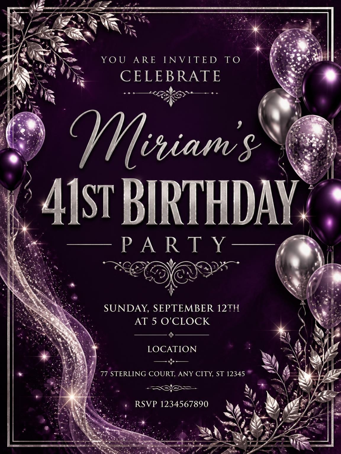 Plum and Silver 41st Birthday Invitation