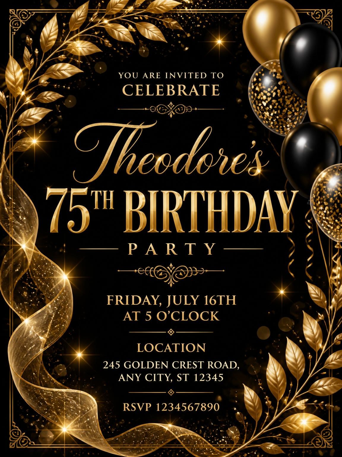 Black and Gold 75th Birthday Invitation
