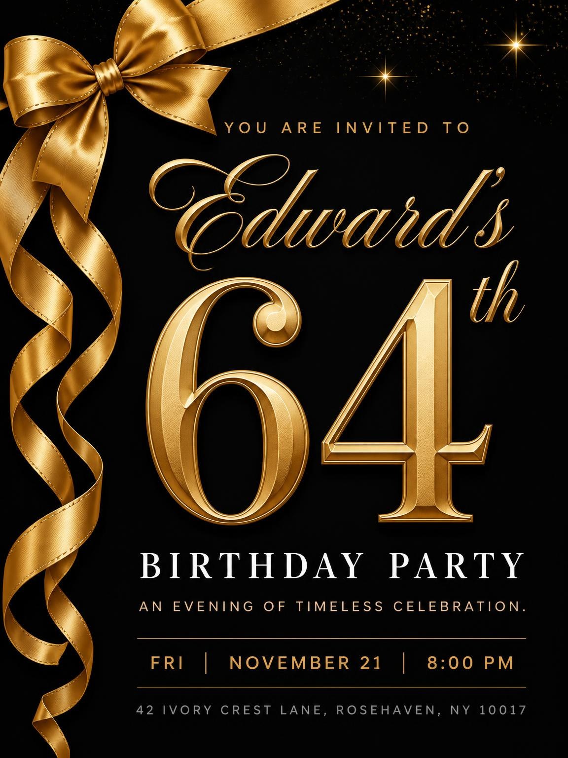 Black and Gold Ribbon 64th Birthday Invitation