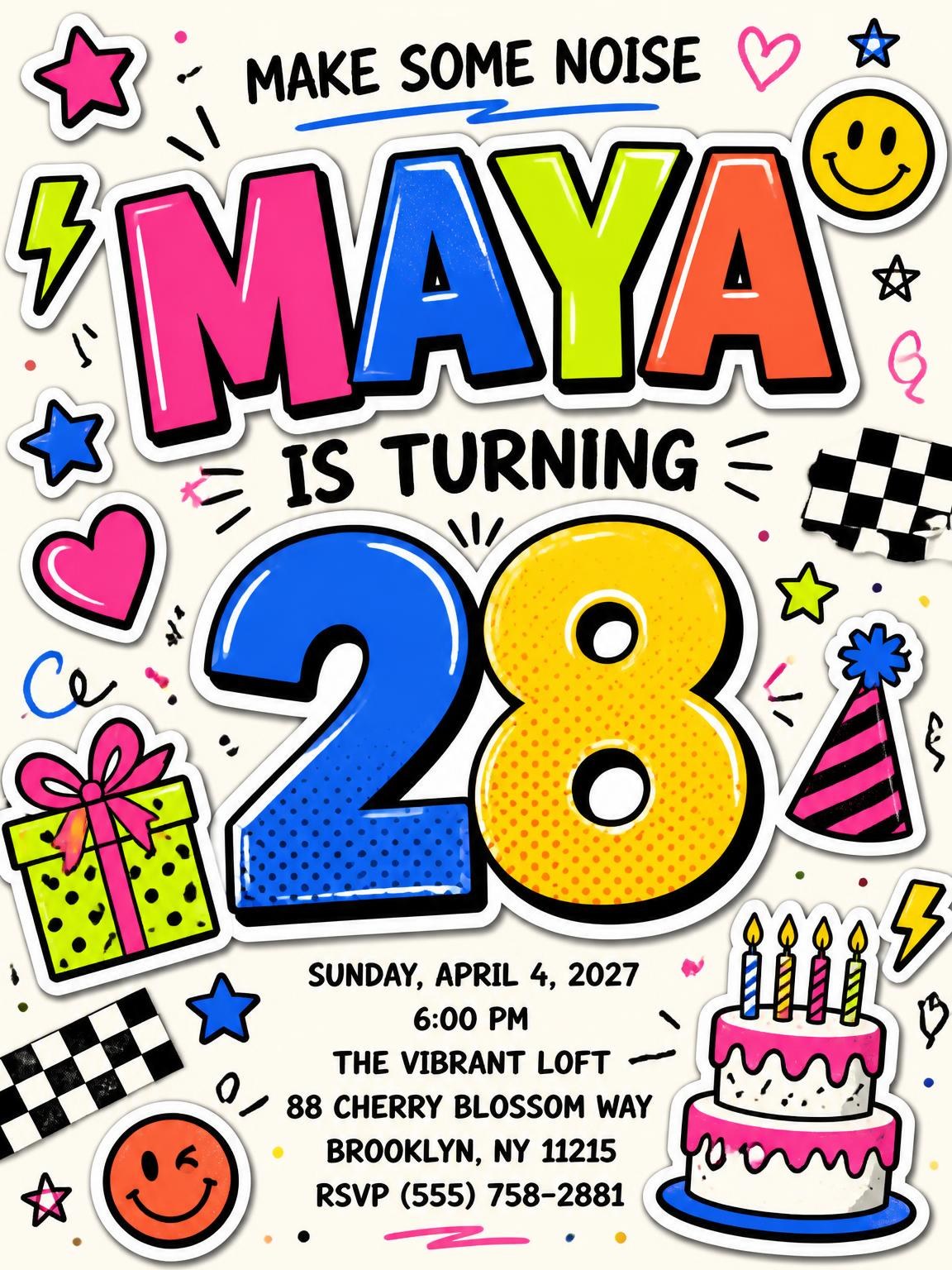 Sticker Pop 28th Birthday Invitation