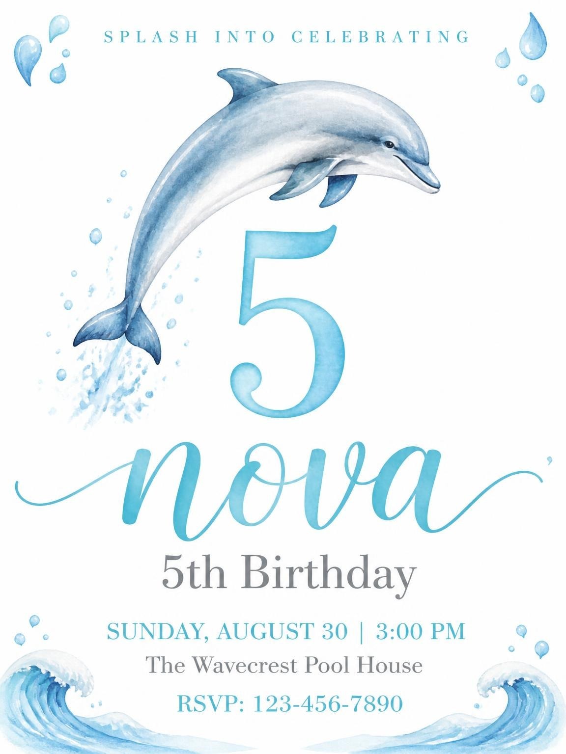 Watercolor Dolphin Wave Kids' 5th Birthday