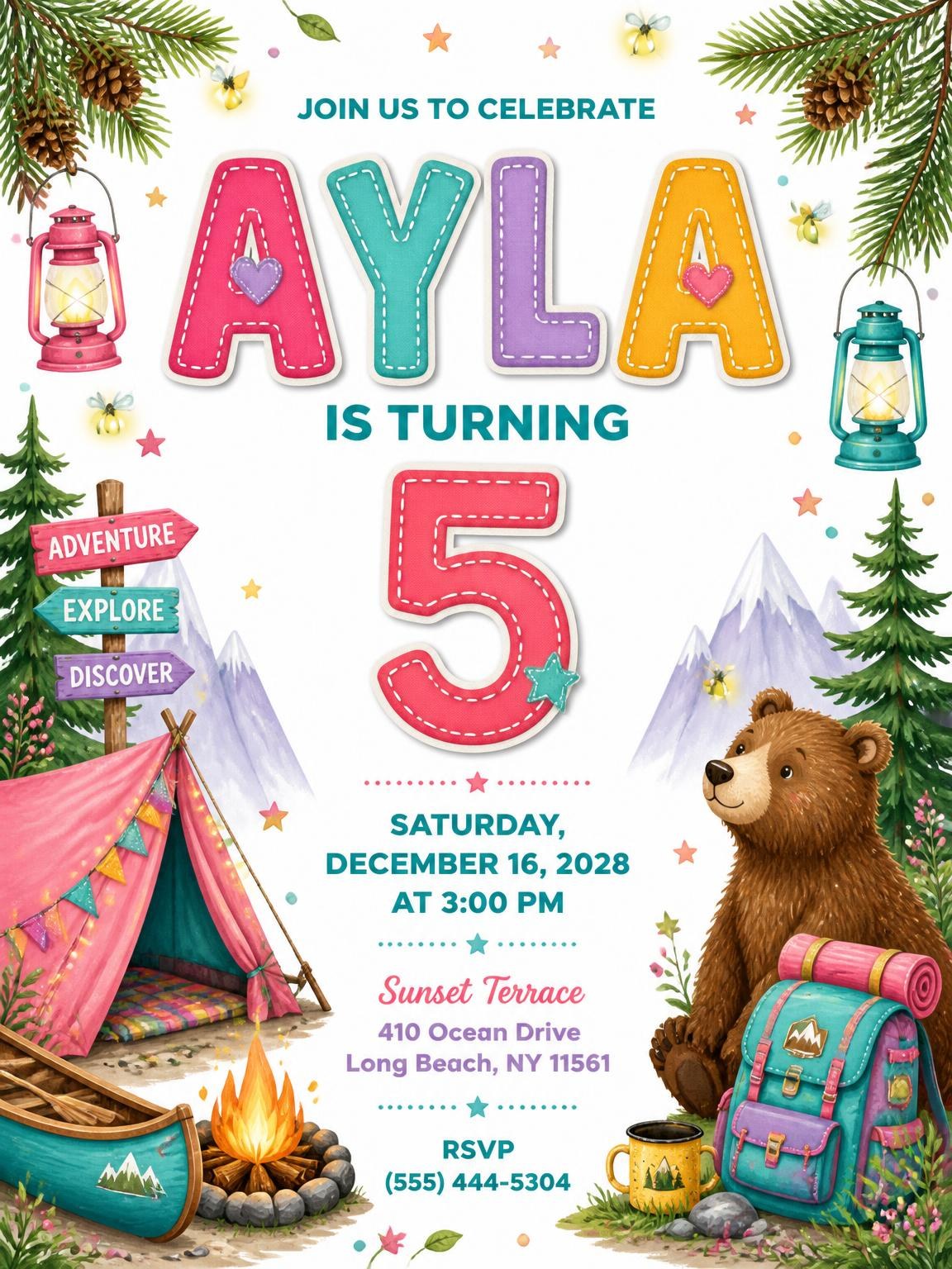Stitched Camping 5th Birthday Invitation