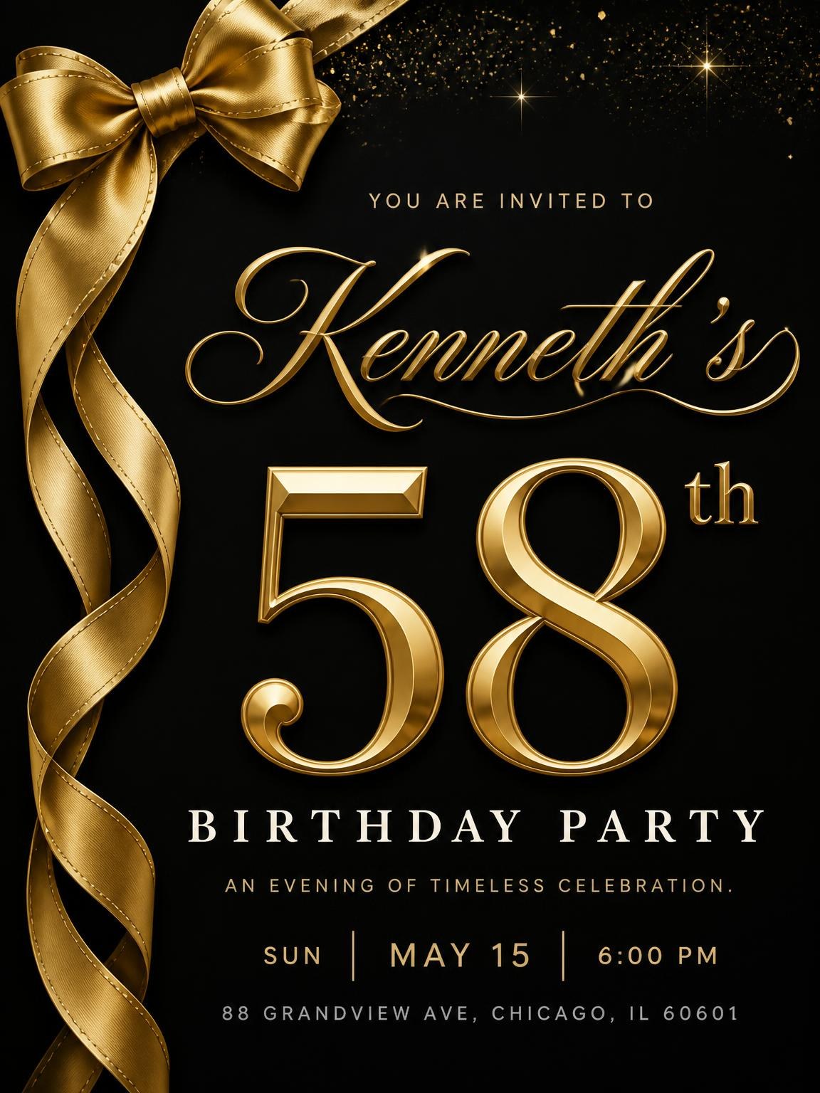 Black and Gold Ribbon 58th Birthday Invitation