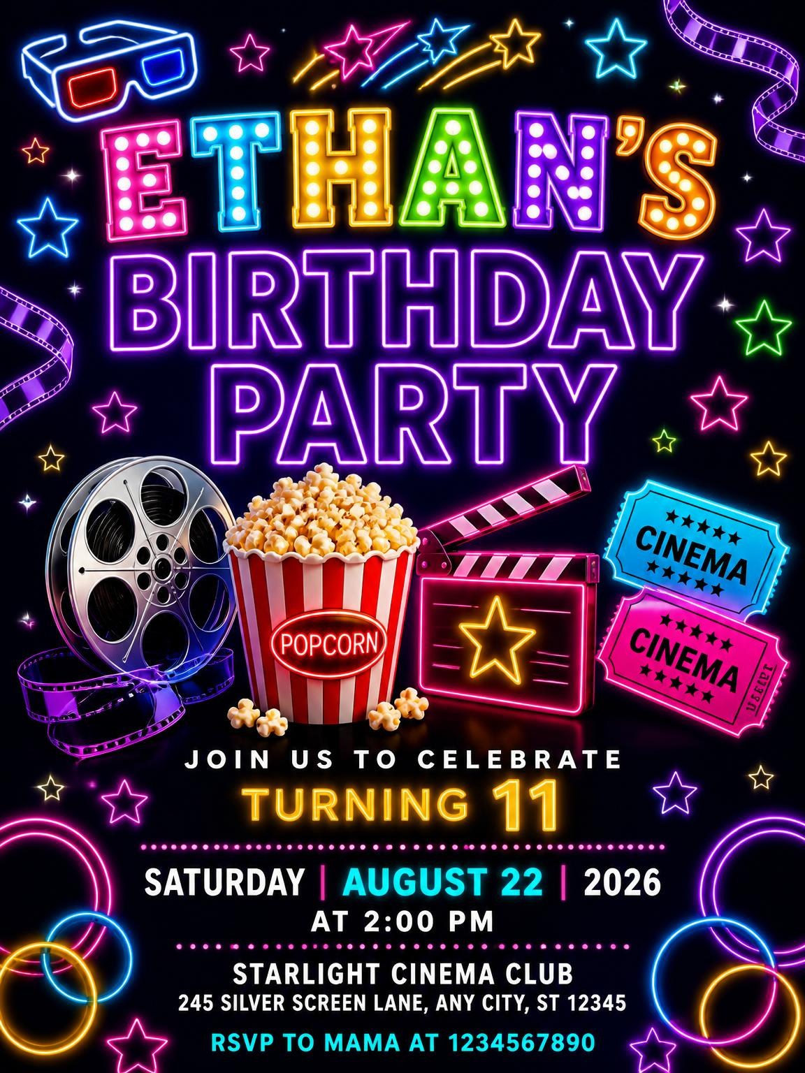 Neon Movie Night 11th Birthday Invitation