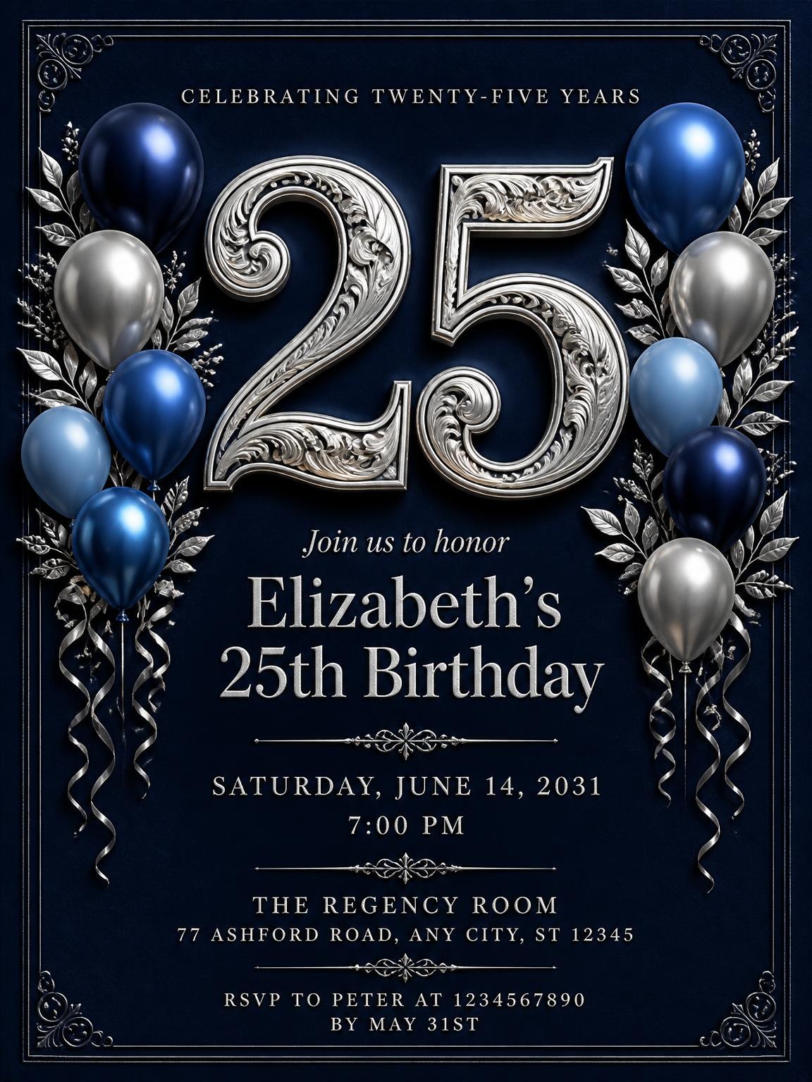 Navy and Silver 25th Birthday Invitation