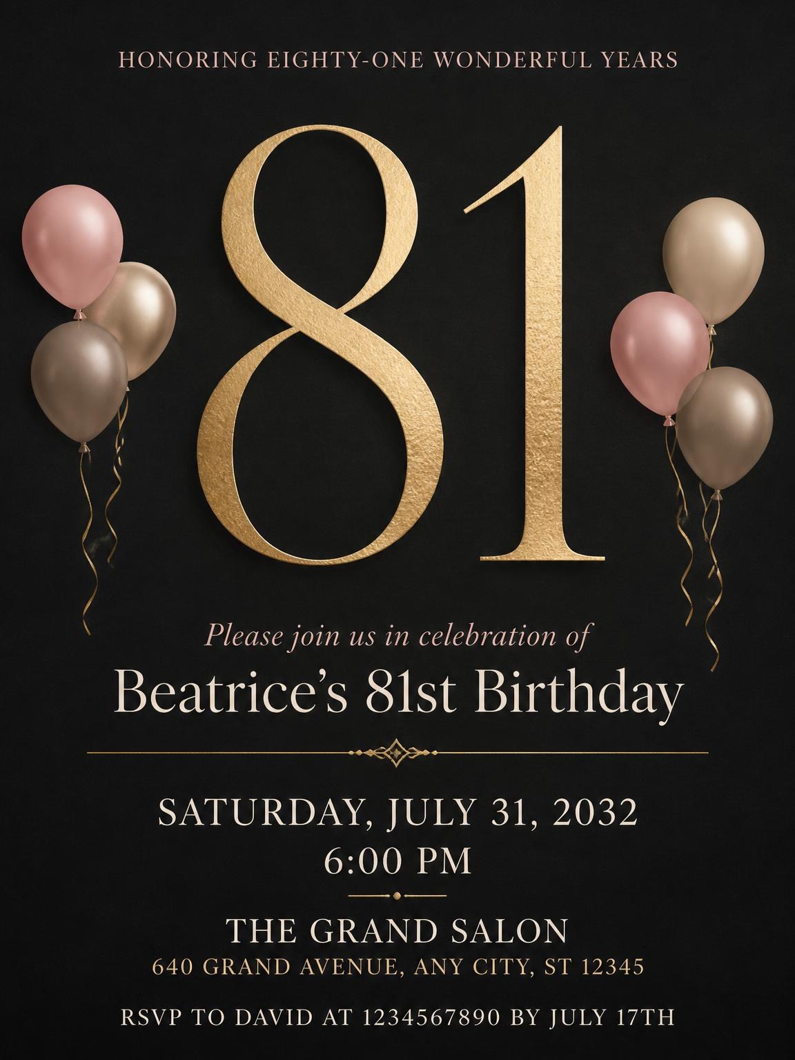 Charcoal and Blush 81st Birthday Invitation
