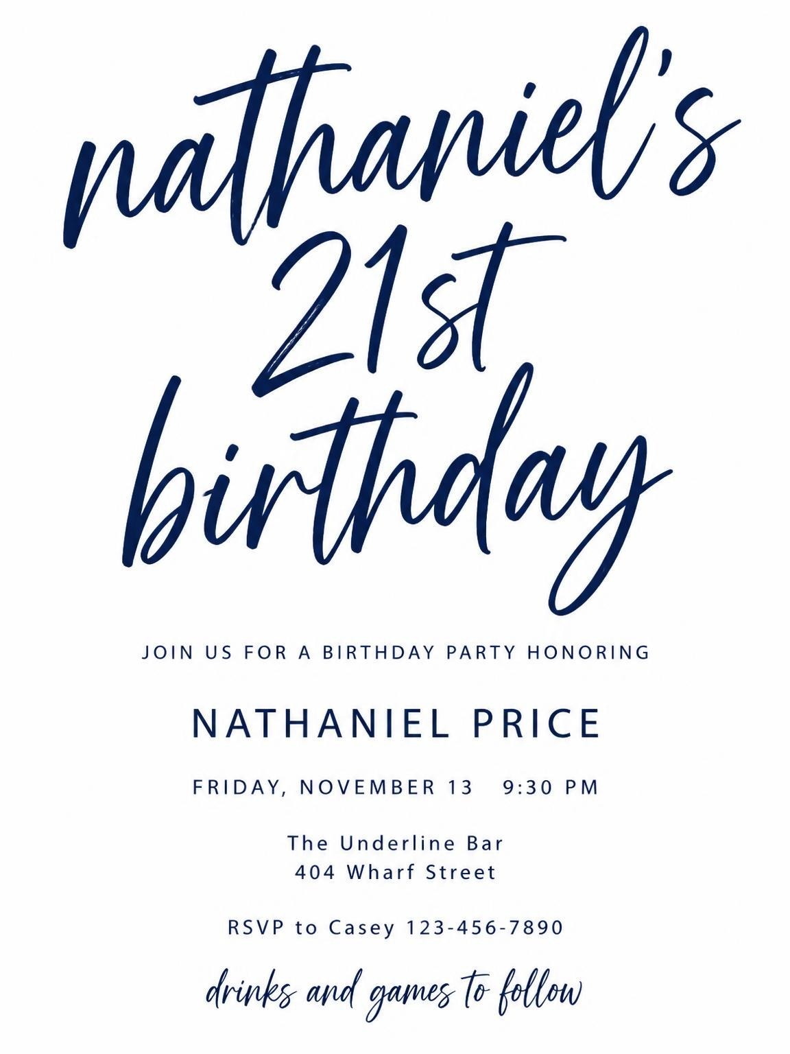 Navy Brush Script 21st Birthday Invitation