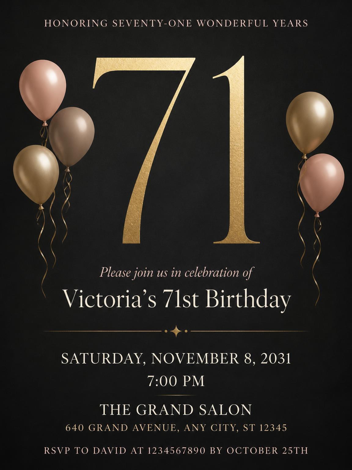 Charcoal and Blush 71st Birthday Invitation
