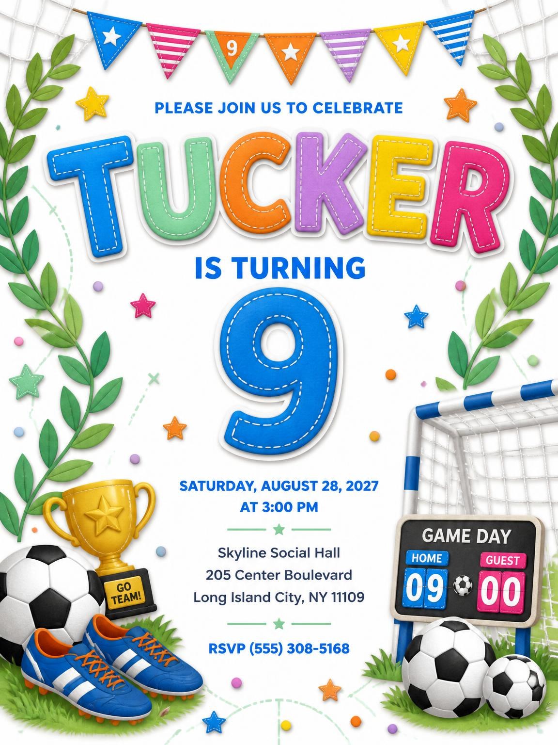 Stitched Soccer 9th Birthday Invitation