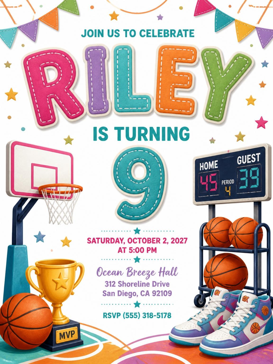 Stitched Basketball 9th Birthday Invitation