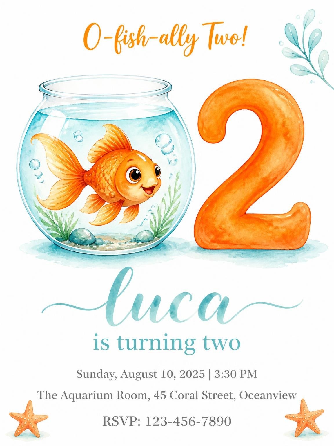 Watercolor Goldfish 2nd Birthday Invitation
