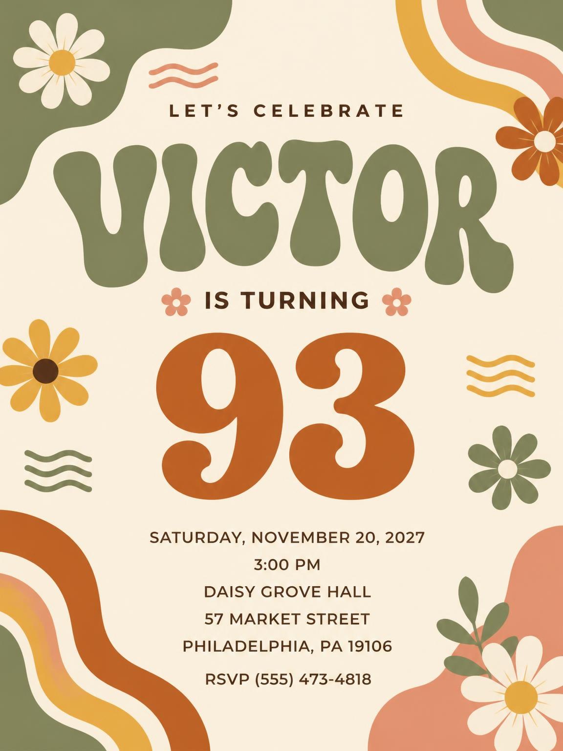 Groovy Retro 93rd Birthday Invitation