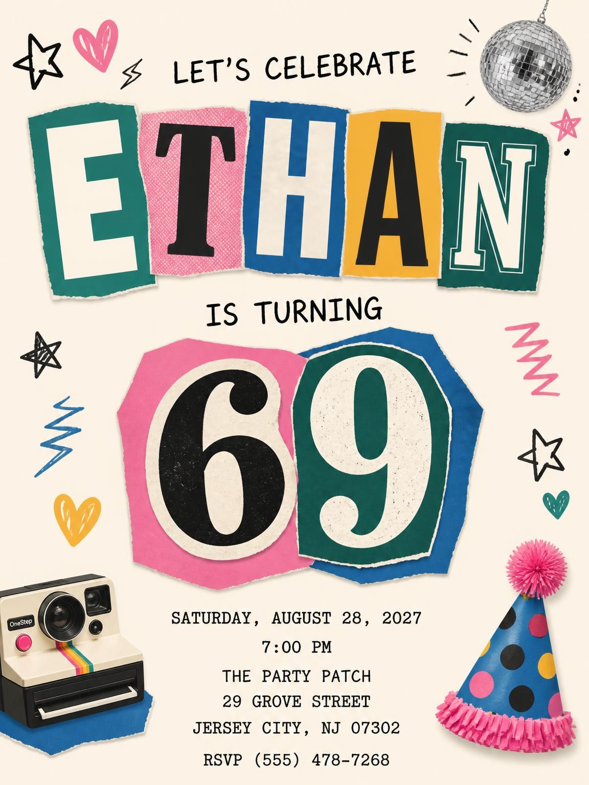 Retro Paper Collage 69th Birthday Invitation