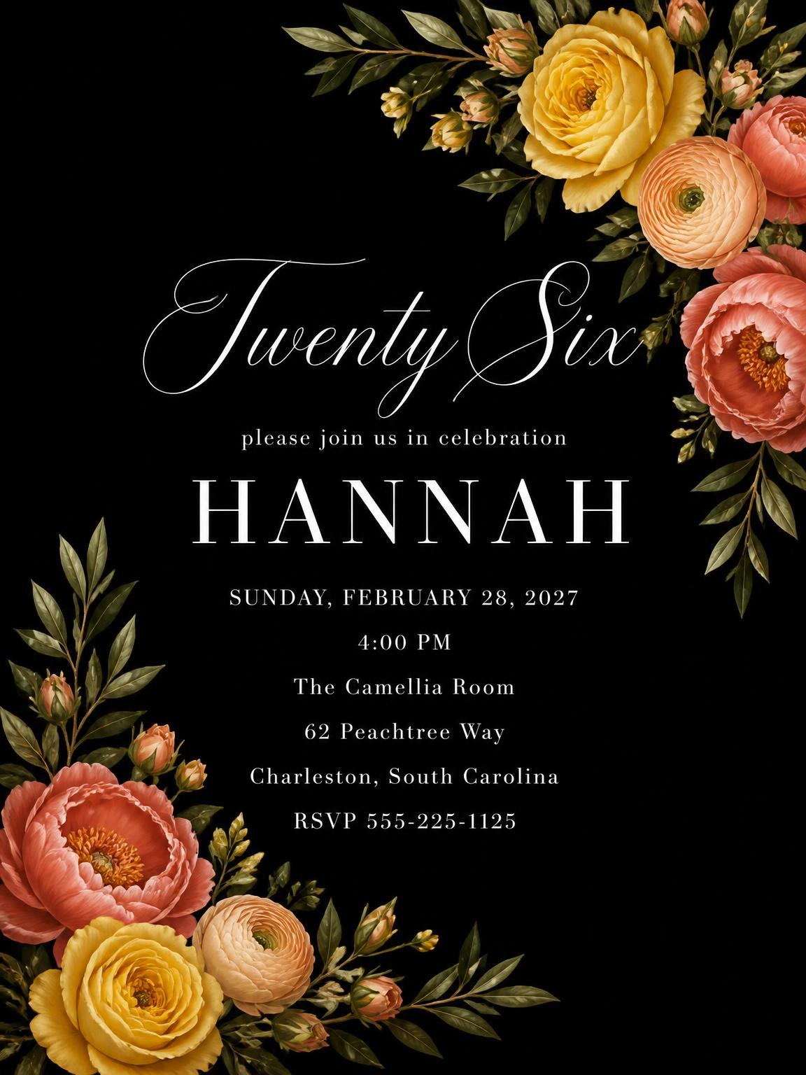 Black Floral 26th Birthday Invitation
